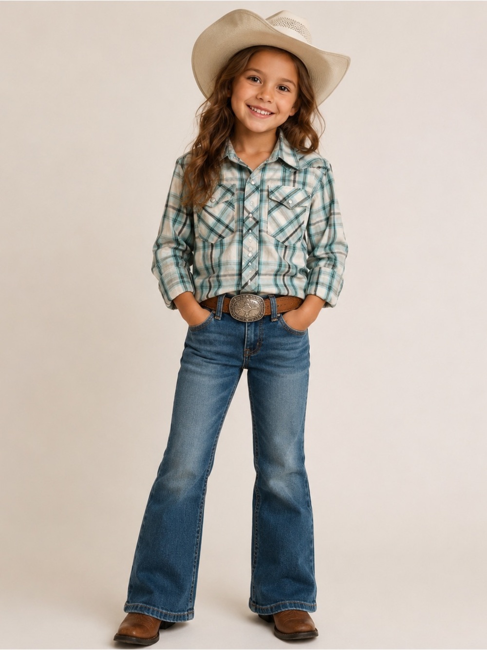 Roper Girls Western Plaid Pearl Snap Shirt Metallic Thread Cowgirl Sz 6/7